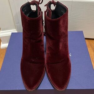 Stuart Weitzman “Lofty” Velvet Ankle Boots - Bordeaux Velvet